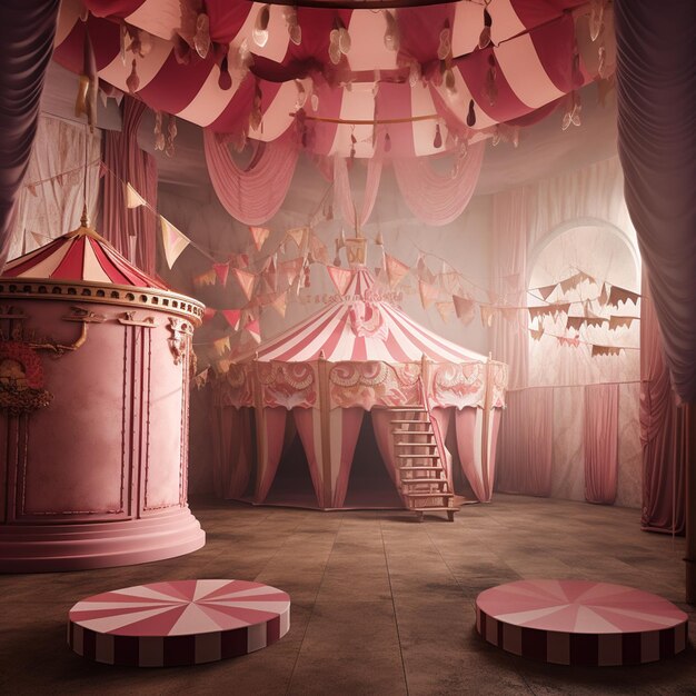 Foto una carpa de circo con dosel de rayas rosas y blancas y una carpa de rayas rosas y blancas.