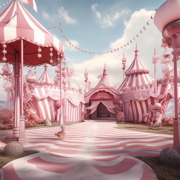 Foto una carpa de circo rosa y blanca está instalada en un campo.