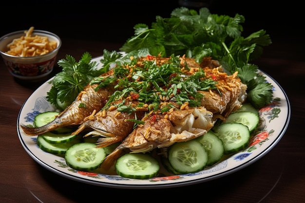 Carpa de peixe frita e salada de vegetais frescos em uma mesa de madeira