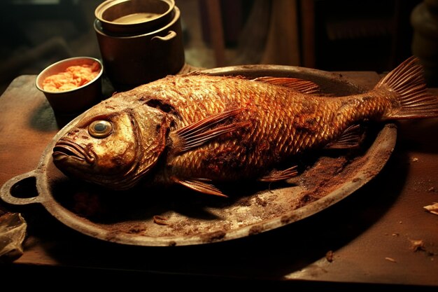 Carpa de peixe frita e salada de vegetais frescos