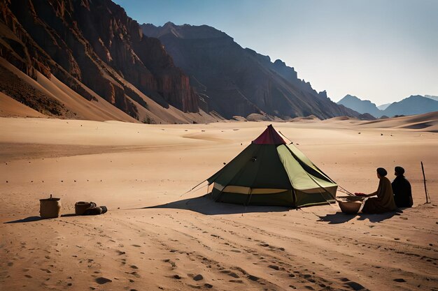 Una carpa en el desierto con montañas al fondo