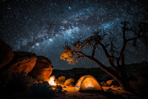 Una carpa está iluminada por un árbol y la vía láctea se ve al fondo.