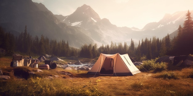 Una carpa frente a una cordillera