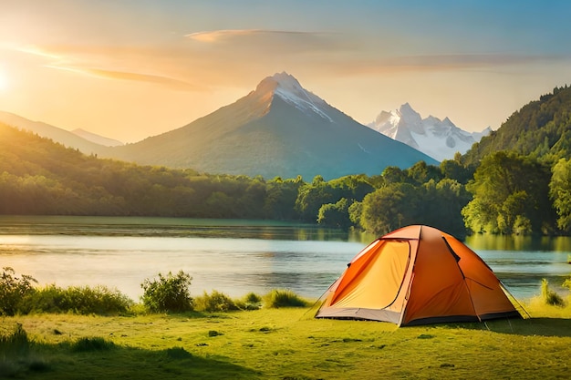 Una carpa frente a un lago con montañas al fondo