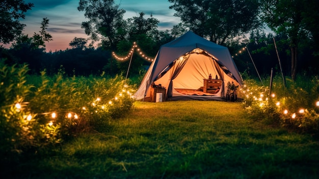 carpa y hoguera en la playa al atardecer noche romántica acampando en el bosque el concepto de turismo y viajes