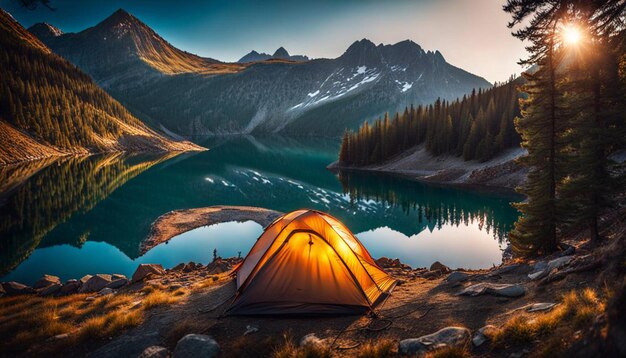 Carpa junto al lago en las montañas