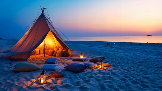 Carpa de lujo en la orilla Romance al atardecer en la playa Relajamiento junto al océano