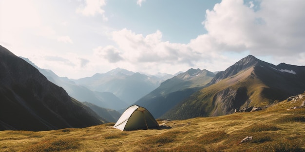 Una carpa en la montaña con las montañas al fondo