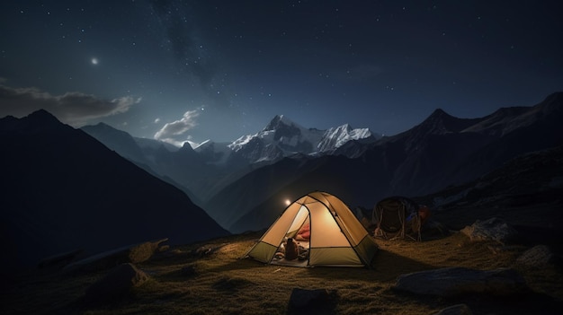Una carpa en las montañas por la noche con un cielo estrellado de fondo.