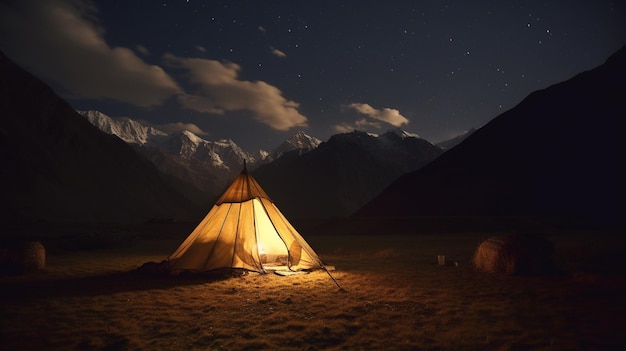 Una carpa en las montañas de noche con las estrellas en el horizonte