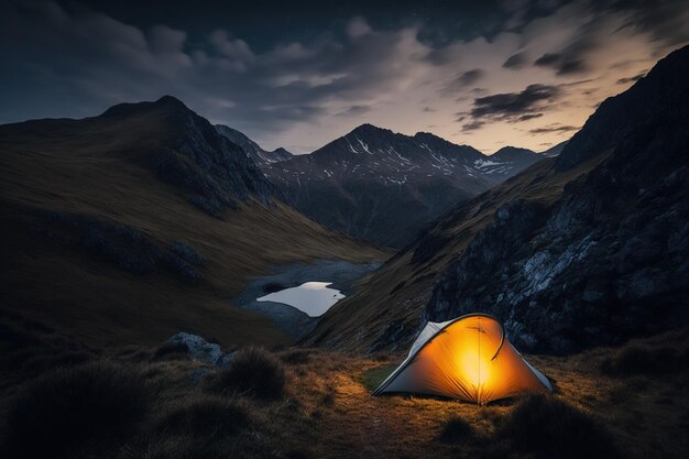 Una carpa en las montañas por la noche.