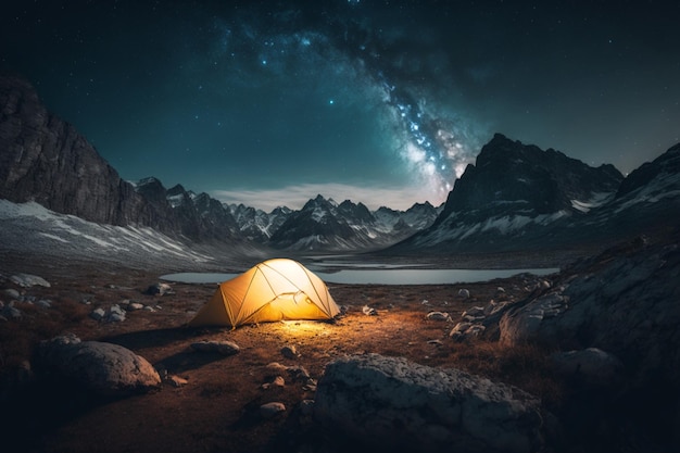 Una carpa en las montañas con la vía láctea al fondo