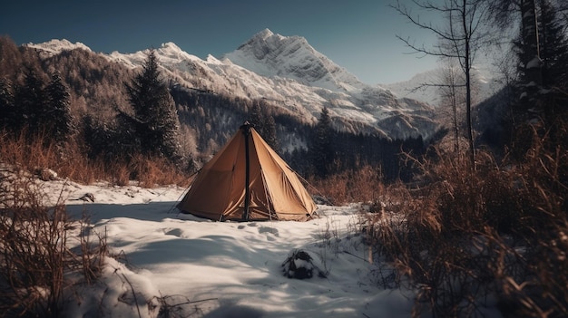 Una carpa en la nieve con las montañas al fondo