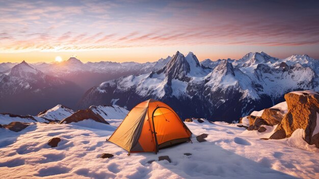 Una carpa en la nieve con las montañas al fondo