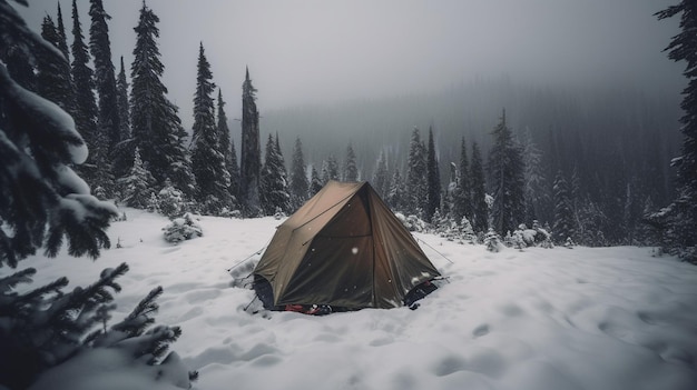 Una carpa en la nieve con la palabra invierno