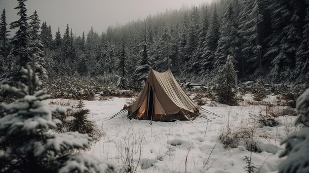 Una carpa en la nieve con la palabra invierno