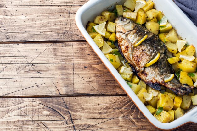 Carpa de pescado al horno con patatas en una sartén de cerámica. Estilo rústico copyspace