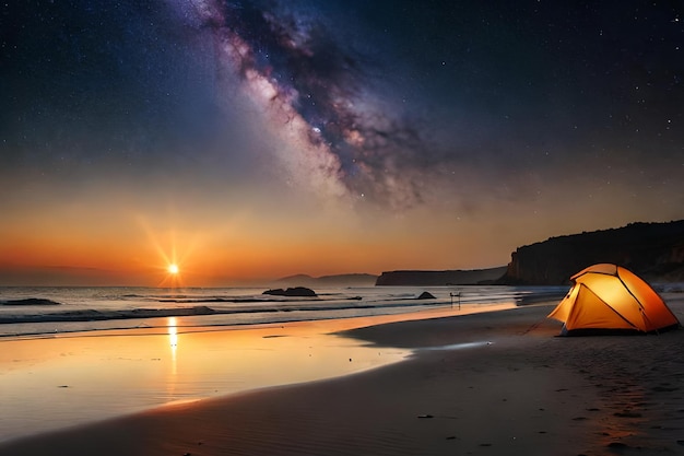 Una carpa en una playa con la vía láctea al fondo