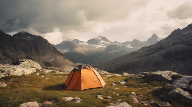 Carpa turística en la meseta montañas cimas fondo actividades al aire libre Viaje familiar en la naturaleza AI generado