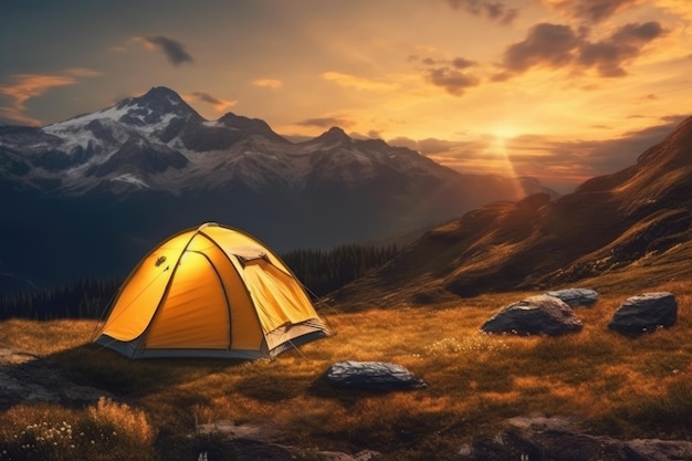 Carpa turística en la montaña al atardecer IA Generativa