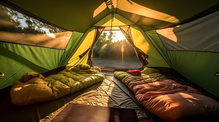 Una carpa con vista al sol brillando a través de la ventana.