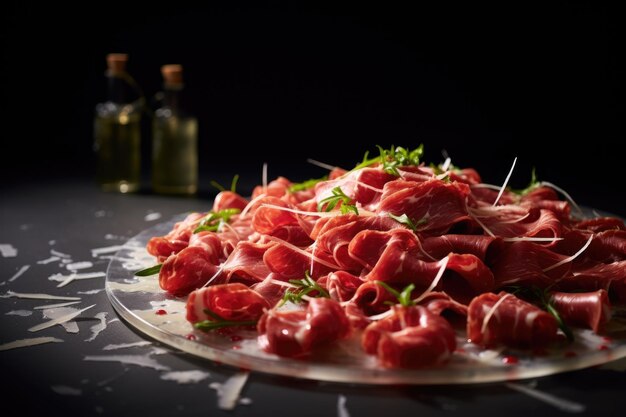 Foto carpaccio de carne com ervas e parmesão e azeite de oliva