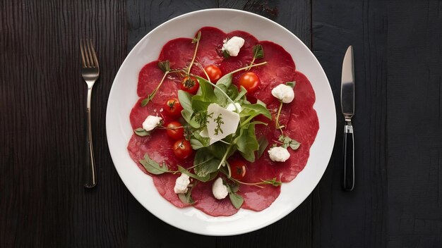 Foto carpaccio de carne com rucola parmesana e tomates