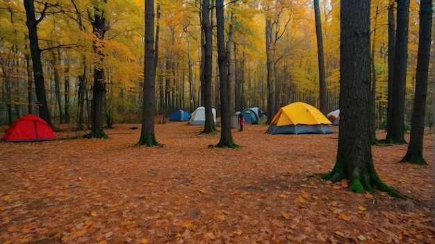 Carpas de campamento en el bosque de niebla de otoño