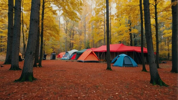 Carpas de campamento en el bosque de niebla de otoño