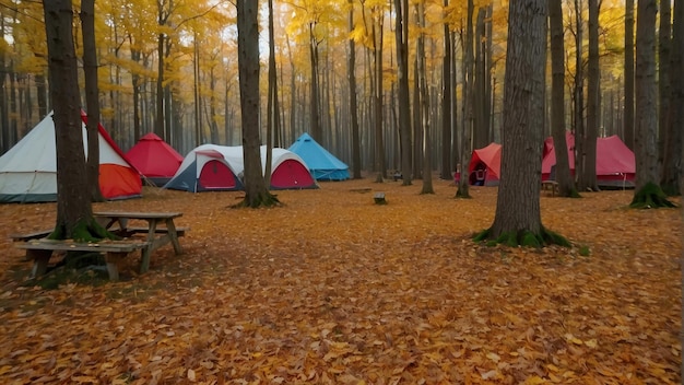 Carpas de campamento en el bosque de niebla de otoño