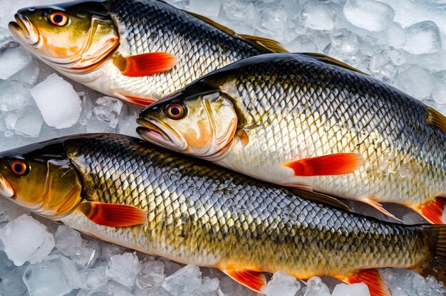 Foto carpas frescas congeladas en el mostrador de la tienda en el hipermercado mariscos frescos en hielo triturado en el mercado de pescado congelados