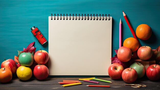 Carpeta de dibujo de cuaderno en blanco de regreso a la escuela con lápices de colores