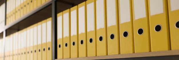 Carpetas amarillas con materiales y documentos colocados en largas filas en estantes organizados con anillas