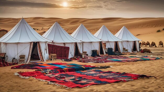 Foto carpetas blancas bereberes en el desierto del sáhara, marruecos, con alfombras en el suelo arenoso