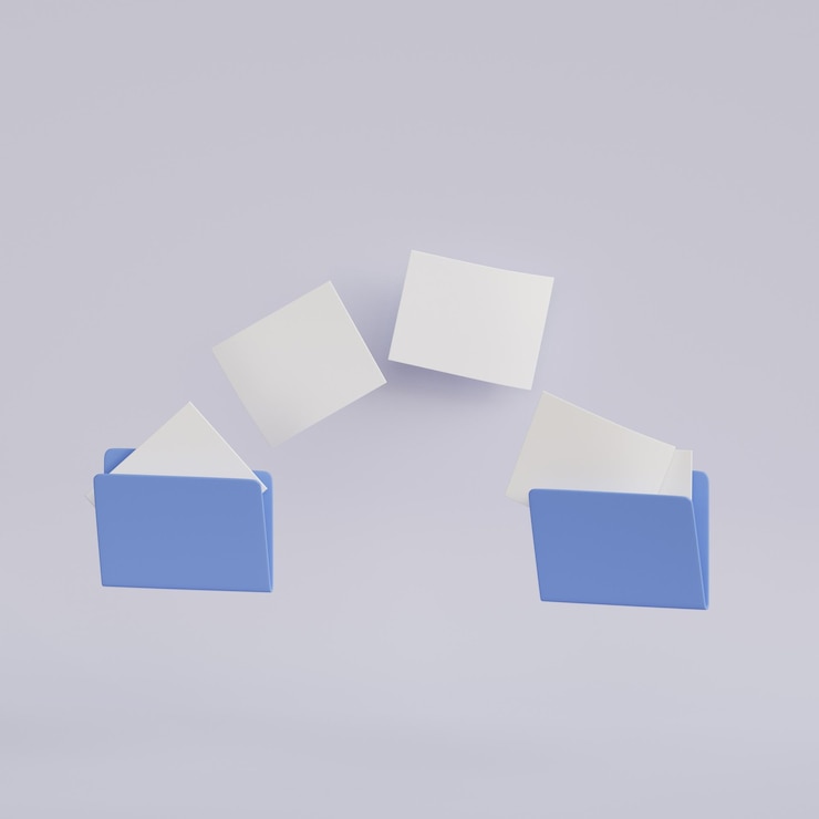 Foto carpetas de computadora azul con documentos en blanco voladores copiar archivos ilustración de renderizado 3d