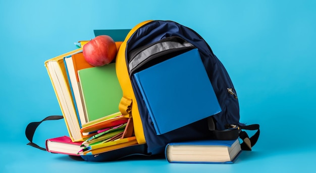 carpetas y libros junto a una mochila escolar