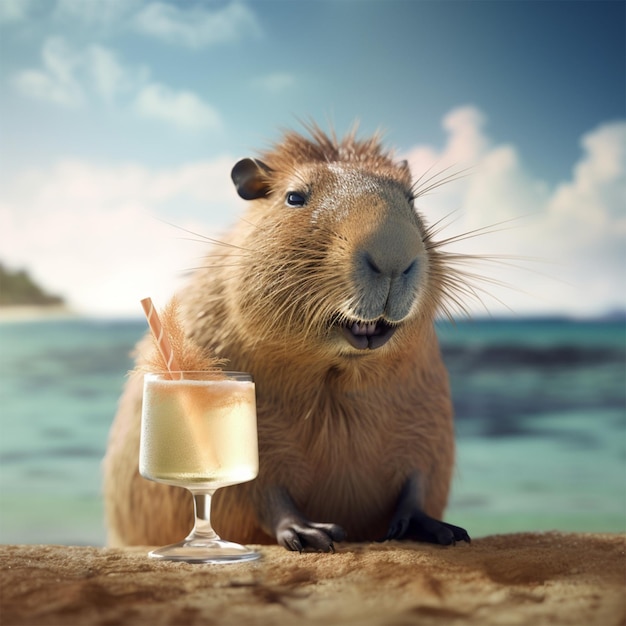 Un carpincho se sienta en la playa junto a una copa de vino.