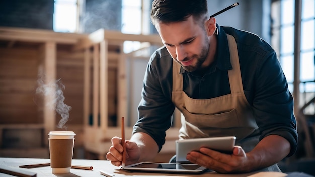 Foto carpinteiro cortado com tablet digital e café para levar