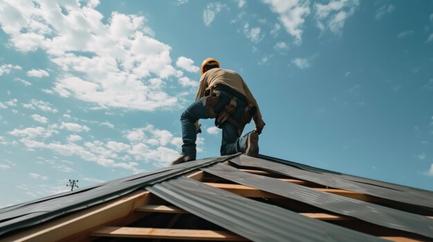 Carpinteiro de telhados a trabalhar na estrutura do telhado no local de construção ai generative