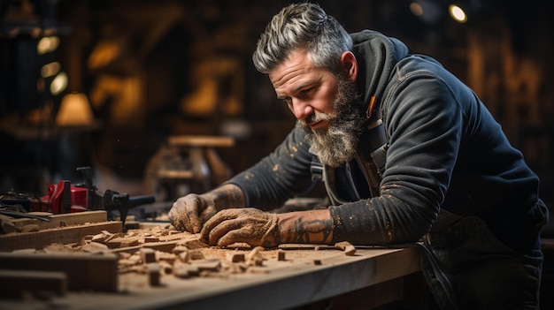 carpinteiro masculino fazendo um pedaço de madeira em sua oficina