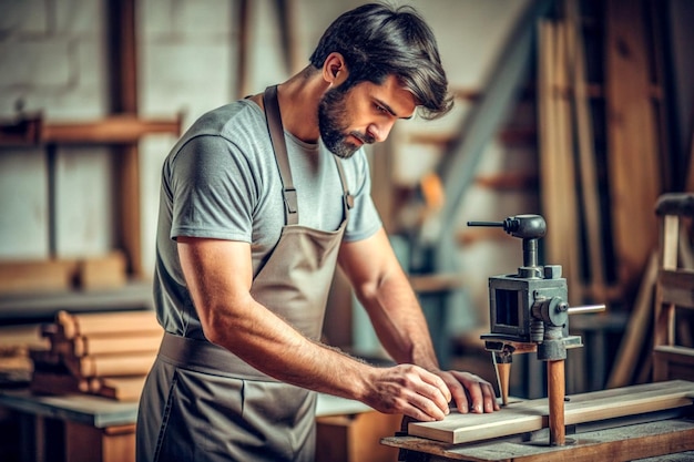 carpinteiro masculino trabalhando em oficina de máquinas de madeira