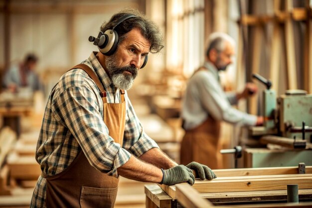 Carpinteiro trabalhando em máquinas de carpintaria em uma oficina de carpinteria
