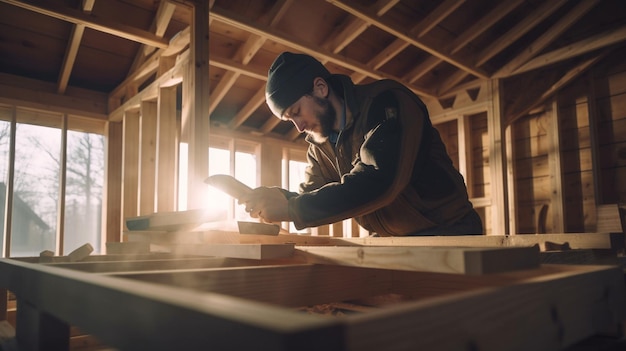 Carpinteiro trabalhando em sua oficina de carpintaria usando um tablet digital generative ai