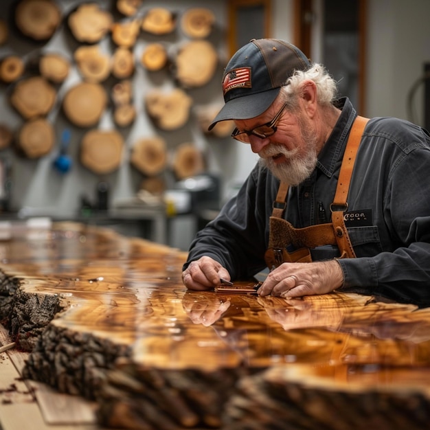 Carpinteiro trabalhando em uma mesa de madeira em sua oficina Artesão no trabalho