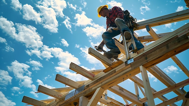 Carpinteiro trabalhando na estrutura do telhado de uma casa em construção contra um céu azul com nuvens