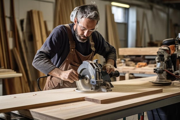 Carpintera cortando tableros de mdf dentro del taller