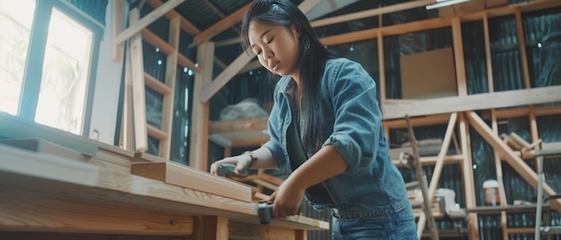 Foto el carpintero astuto una hermosa mujer asiática diy pasión por el trabajo de la madera en casa