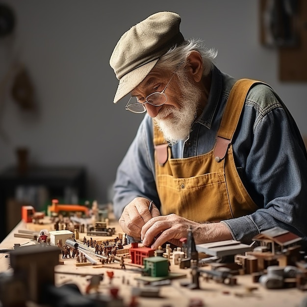 Un carpintero caucásico de edad avanzada con barba blanca.