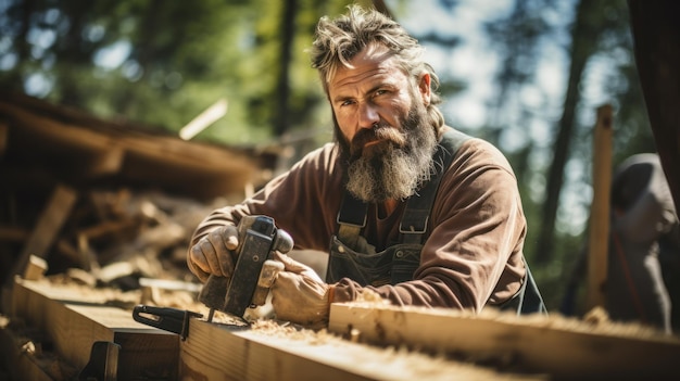 Carpintero construyendo una casa de dos pisos con estructura de madera cerca del bosque