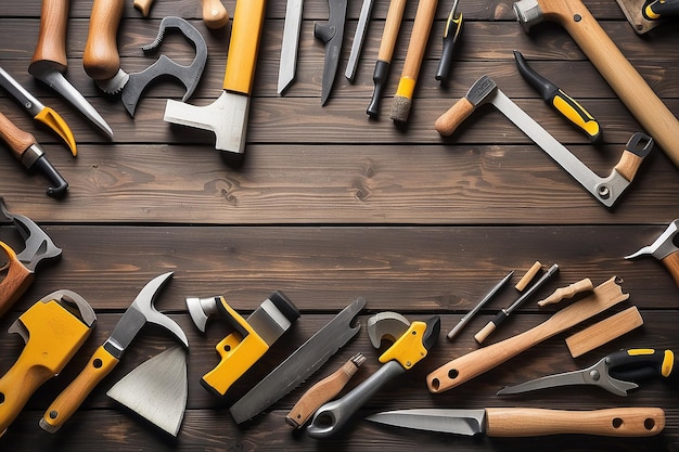 Carpintero Diferentes herramientas sobre un fondo de madera